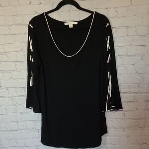 Black White Boston Proper Large Elegant Tie Bell 3/4 Sleeve Tunic Blouse
